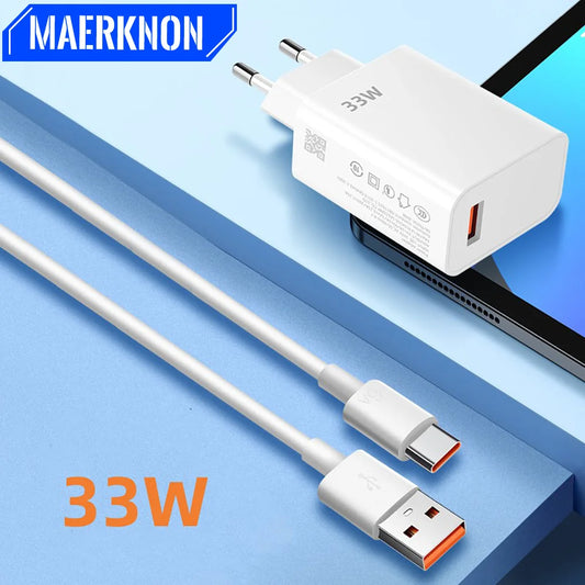 USB Charger 33W Fast Charging EU/US Plug Wall Charger 6A Type C Cable For Xiaomi 14 13 Redmi K30 K40 Quick Charge Phone Adapter