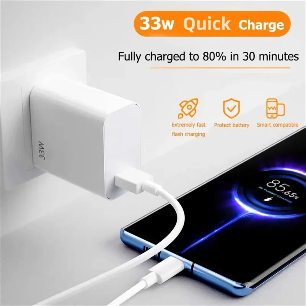 USB Charger 33W Fast Charging EU/US Plug Wall Charger 6A Type C Cable For Xiaomi 14 13 Redmi K30 K40 Quick Charge Phone Adapter