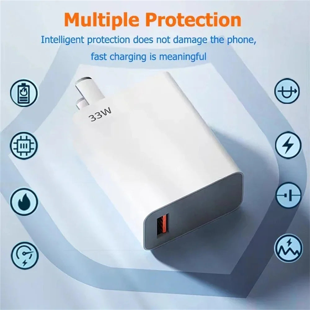 USB Charger 33W Fast Charging EU/US Plug Wall Charger 6A Type C Cable For Xiaomi 14 13 Redmi K30 K40 Quick Charge Phone Adapter