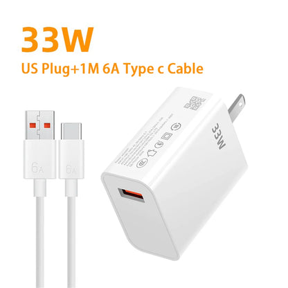 USB Charger 33W Fast Charging EU/US Plug Wall Charger 6A Type C Cable For Xiaomi 14 13 Redmi K30 K40 Quick Charge Phone Adapter