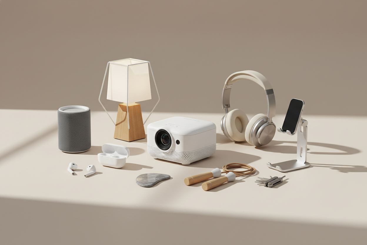 Créer une image de bannière Premium et minimaliste pour une boutique en ligne généraliste la Seine doit présenter une composition harmonieuse de plusieurs petits produits variés mini vidéoprojecteur lampe design mini pas liste des écouteurs sans fil en casque audio à support téléphone un petit accessoire de bien-être un accessoire de sport un gadget technologique voi le style visuel doit être un fond clair et neutre beige ou blanc lumière douce et naturel ombre subtile ambiance rendu realiste propre